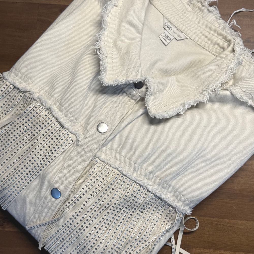 Cato‎ Rhinestone Fringe Denim Jacket Womens 18/20W Beige Button Up Distressed